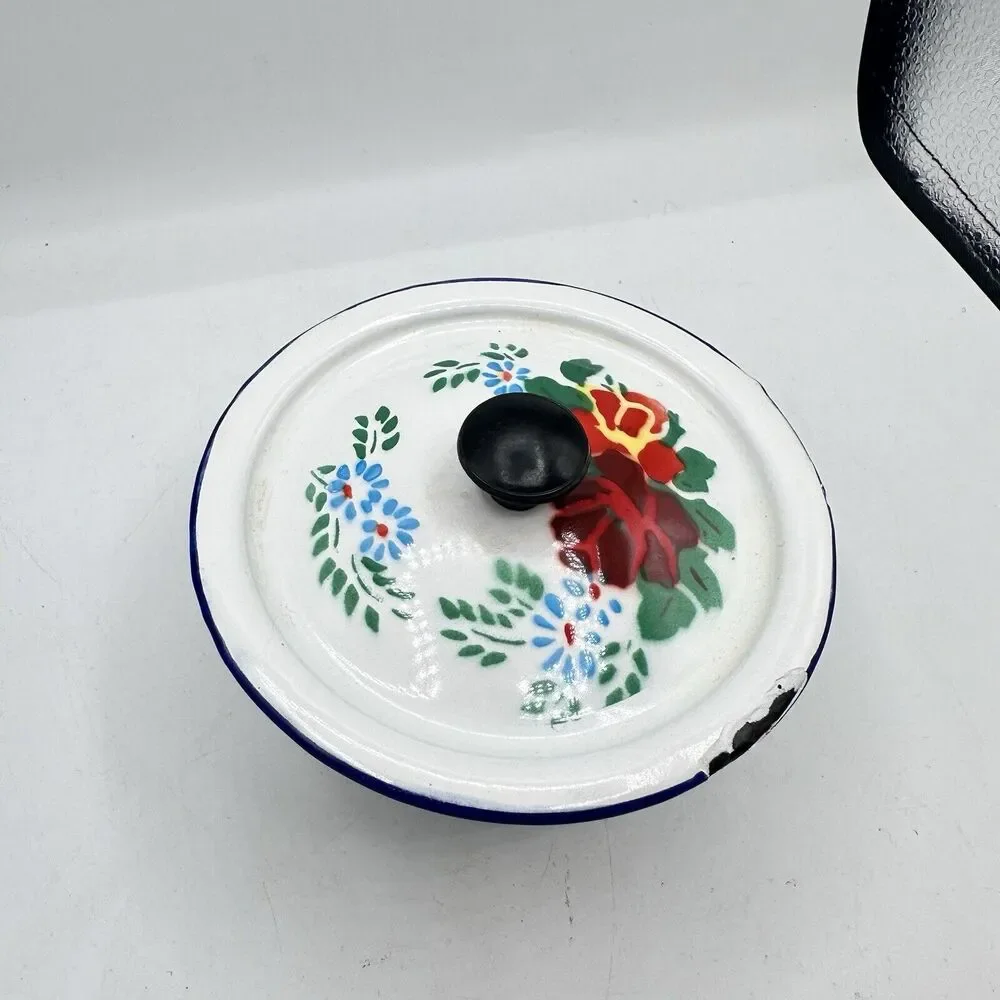 Vintage Mini Floral Enamel Pot Trinket Dish Roses Retro Kitsch Decor - Picture 3 of 13